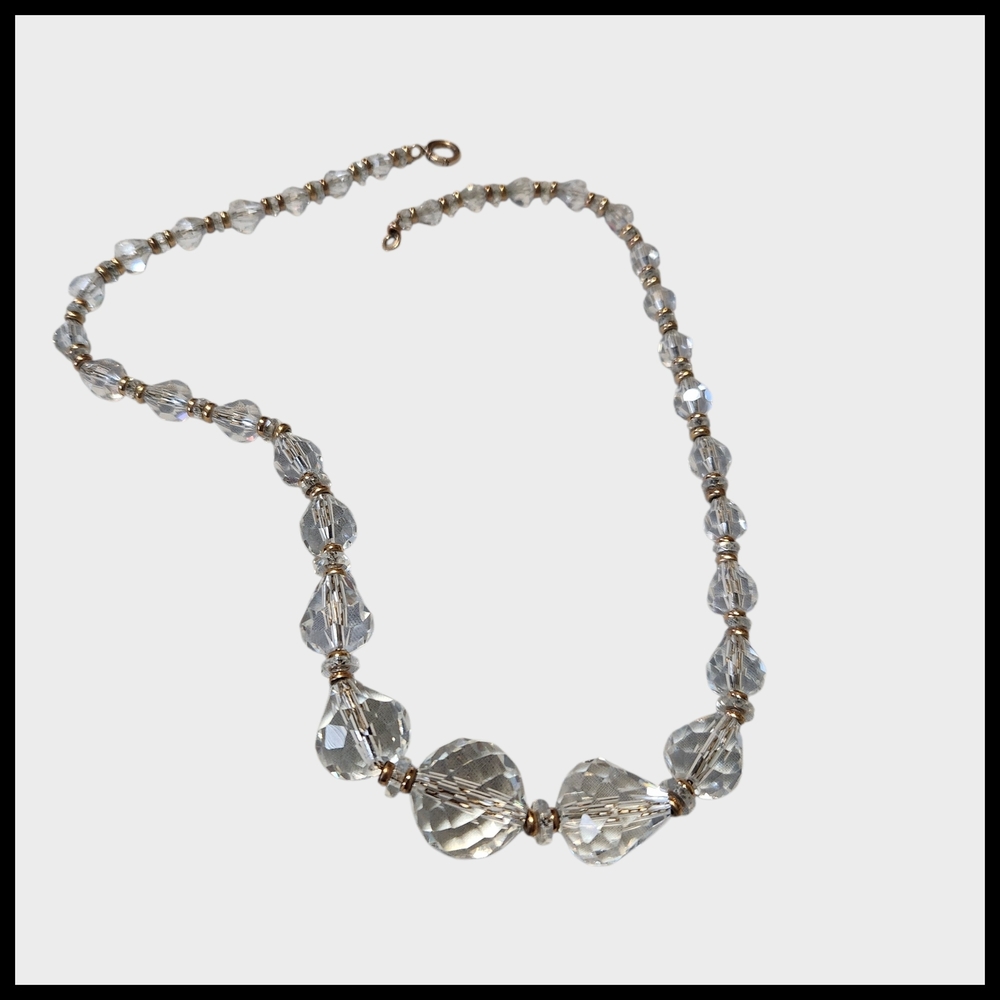 Vintage Simmons Signed Crystal Bead Necklace Faceted Clear Gold Tone